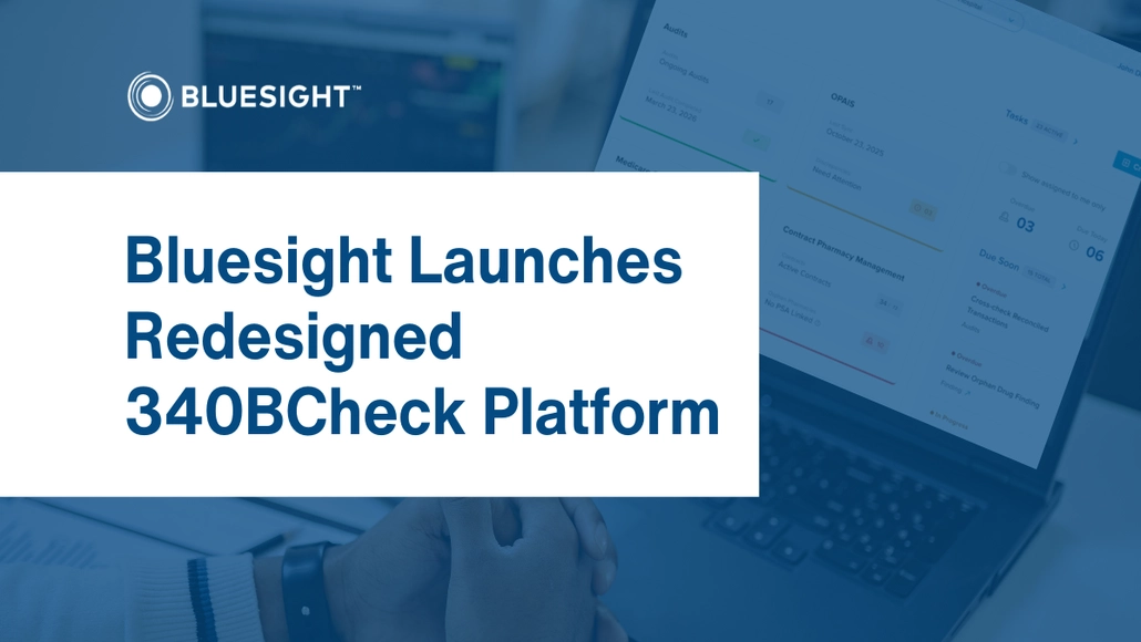 Announcement banner: Bluesight launches redesigned 340BCheck Platform with white text on blue background.