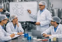 Top Picks: GMP Training Companies Elevating North American Pharma Standards Five researchers in a lab, one presenting a flowchart on a whiteboard as others take notes, with lab glassware on the table.