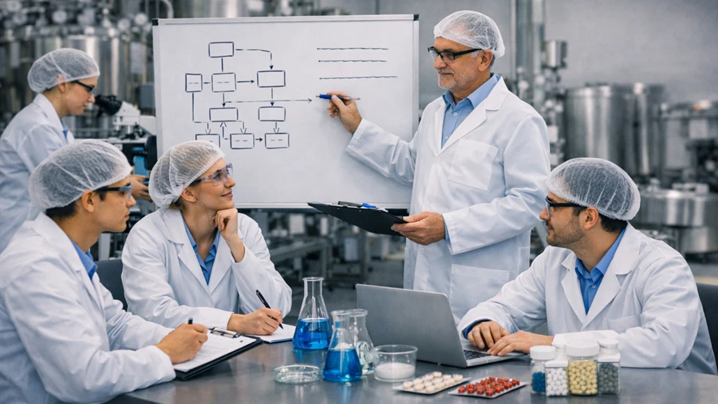 Five researchers in a lab, one presenting a flowchart on a whiteboard as others take notes, with lab glassware on the table.