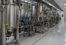 Aragen Achieves Daretabart Commercial-scale GMP Production Row of stainless steel industrial tanks and complex piping in a clean manufacturing facility in a single line corridor.