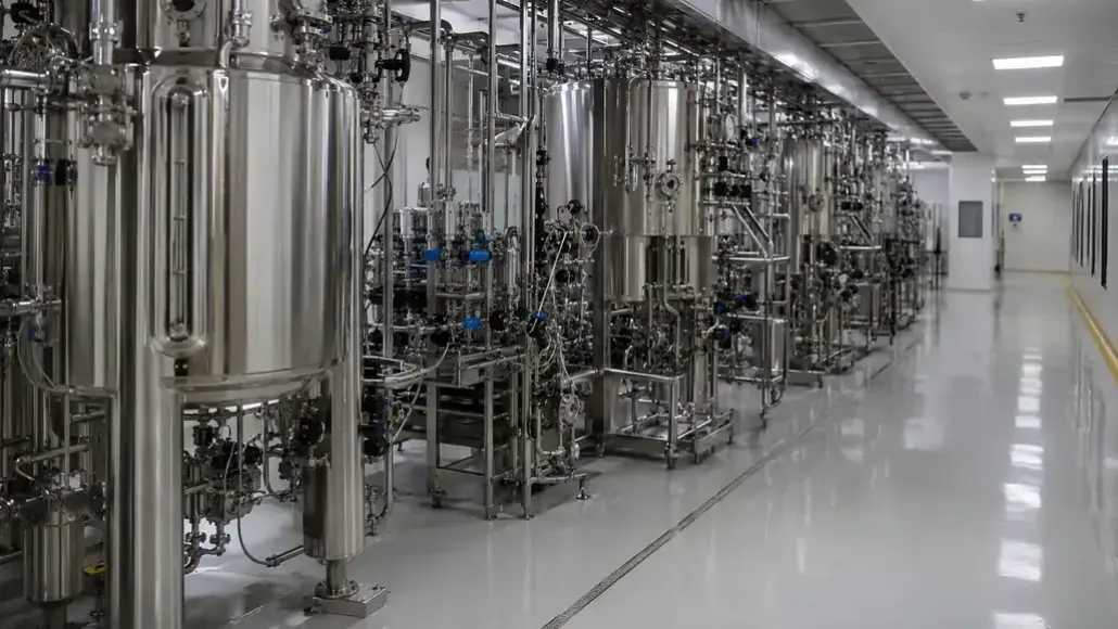 Row of stainless steel industrial tanks and complex piping in a clean manufacturing facility in a single line corridor.