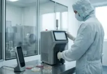 Advanced Environmental Monitoring for Sterility Control Lab technician in a cleanroom suit operates a benchtop analyzer with petri dishes on the counter in a sterile lab.