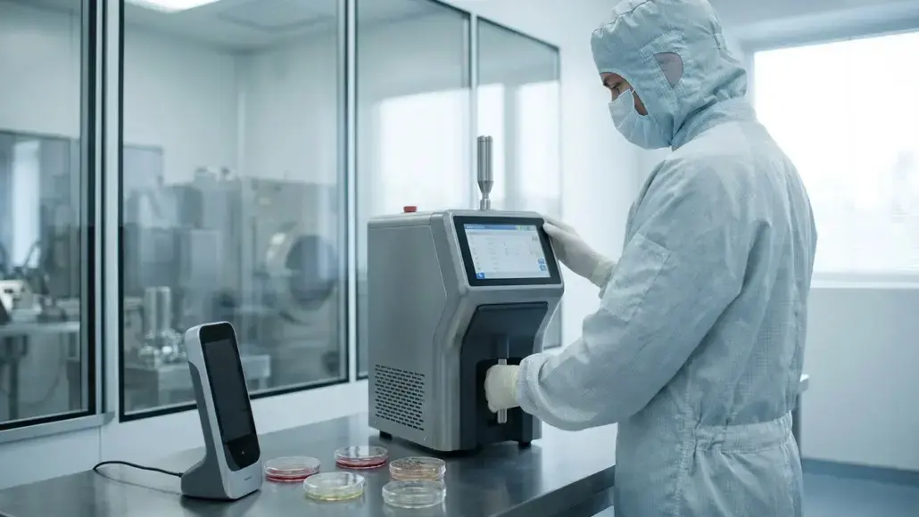 Lab technician in a cleanroom suit operates a benchtop analyzer with petri dishes on the counter in a sterile lab.