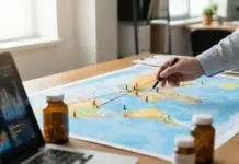 Supply Chain Risk Mapping Strengthening Pharma Operations Person marking a large world map with colored pins while reviewing charts on a laptop nearby, in a bright office.