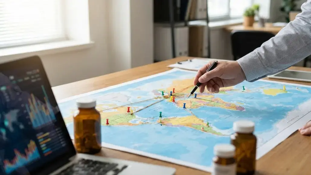 Person marking a large world map with colored pins while reviewing charts on a laptop nearby, in a bright office.