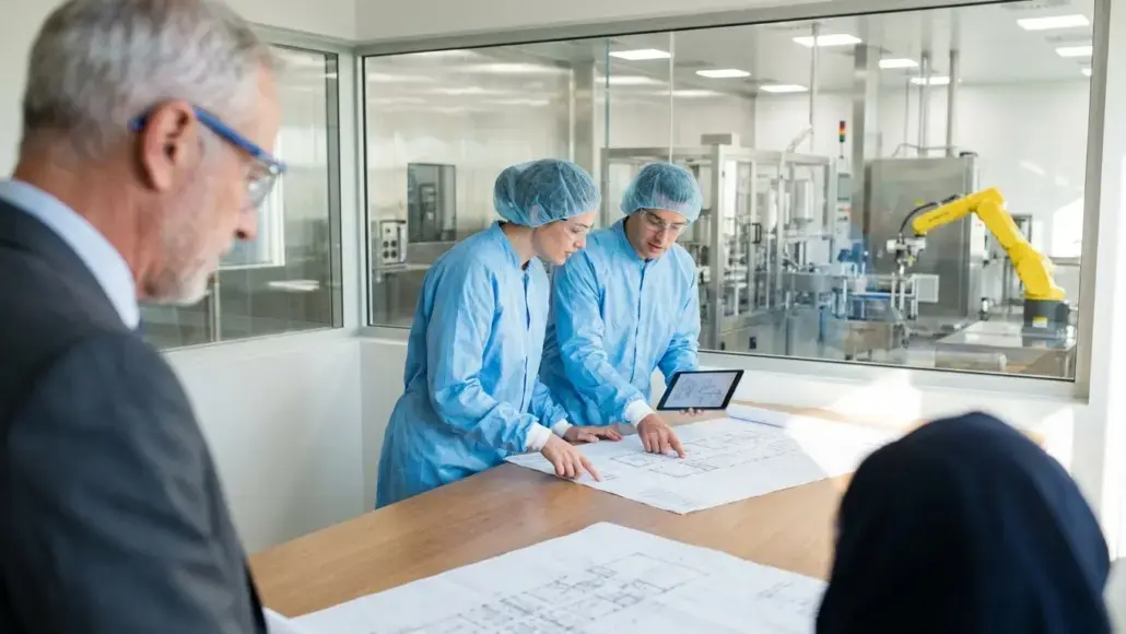Three engineers in blue lab coats and hairnets review blueprints on a table in a cleanroom setting.
