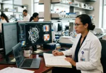 AI Drug Discovery Fast-tracking Search for Cancer Treatment Female scientist in a white lab coat takes notes at a desk with two monitors displaying a 3D molecular structure.