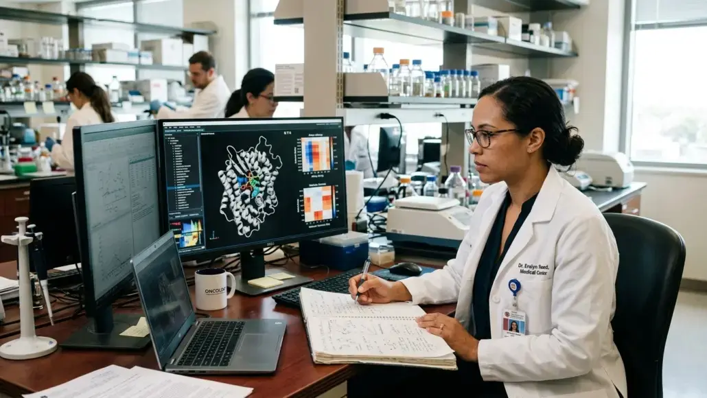 Female scientist in a white lab coat takes notes at a desk with two monitors displaying a 3D molecular structure.