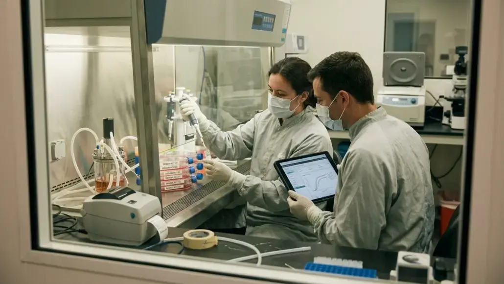 Two lab technicians in masks inside a biosafety cabinet pipette liquids into stacked tubes while one uses a tablet to record data in the experiment workflow.