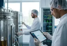 Cybersecurity Strategies Protecting Connected Pharma Plants Lab technicians in protective gear operate a stainless steel bioreactor, with one using a tablet in the foreground.
