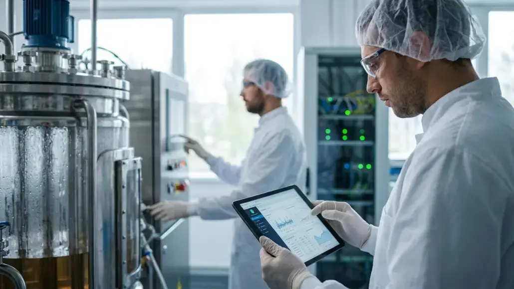Lab technicians in protective gear operate a stainless steel bioreactor, with one using a tablet in the foreground.