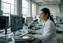 AI Solutions Cutting Drug Development Costs and Timelines Female scientist in a lab coat uses a computer and microscope in a modern wet lab, with glassware nearby.