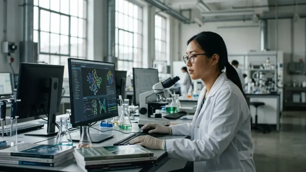 Female scientist in a lab coat uses a computer and microscope in a modern wet lab, with glassware nearby.