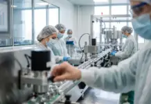 GLP-1 Contract Manufacturing Driving CDMO Growth Globally Technicians in PPE and hairnets operate an automated production line in a sterile lab, handling glass vials on a conveyor.