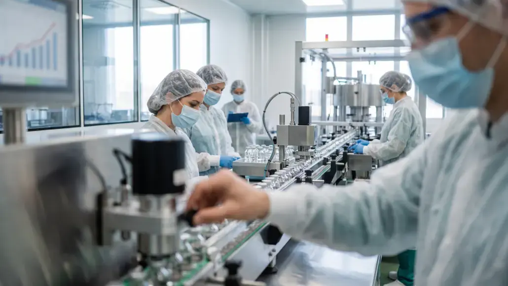 Technicians in PPE and hairnets operate an automated production line in a sterile lab, handling glass vials on a conveyor.