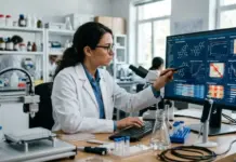 Machine Learning Driving Predictive Toxicology in Drug Tests Female scientist in a lab coat analyzes data on a large monitor showing charts and chemical structures.