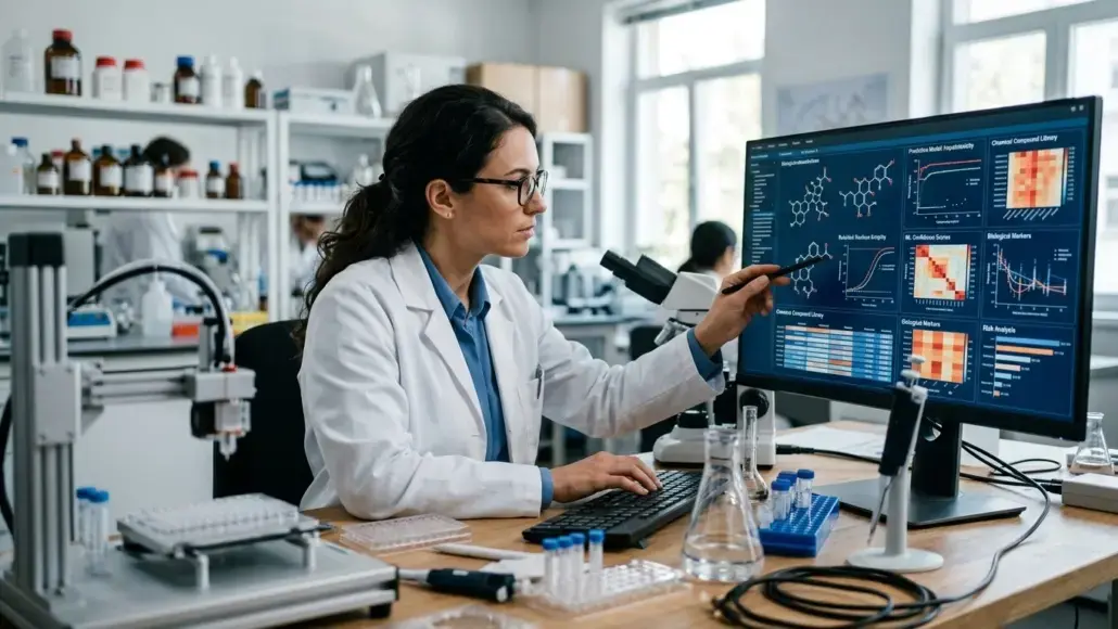 Female scientist in a lab coat analyzes data on a large monitor showing charts and chemical structures.