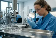 Ensuring Primary Packaging Safety Needs for Sensitive Drugs Lab technician in blue scrubs and safety glasses inspecting a vial under magnification on an automated production line in a lab.