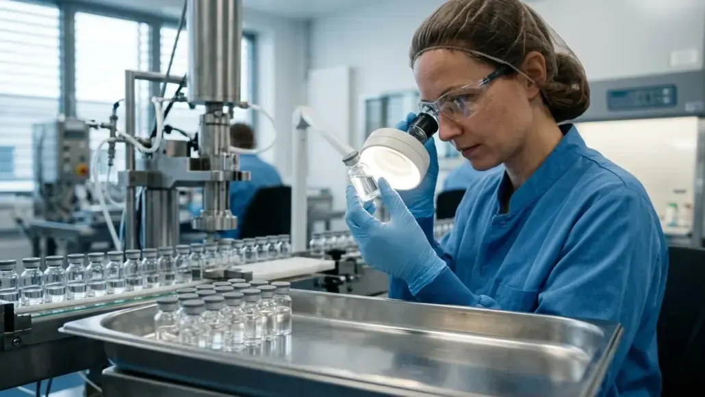 Lab technician in blue scrubs and safety glasses inspecting a vial under magnification on an automated production line in a lab.