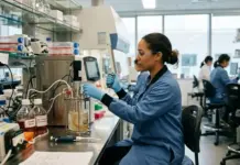 Gene Therapies Expanding Viral Vector Manufacturing Demand Female scientist in blue lab coat and safety goggles pipetting into a glass reactor in a busy laboratory.