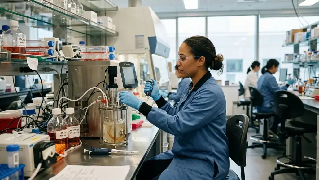 Female scientist in blue lab coat and safety goggles pipetting into a glass reactor in a busy laboratory.