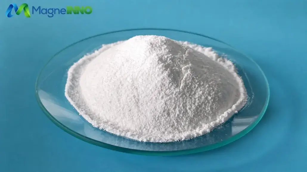 Pile of white powder on a glass plate against a blue background with a MagneINNO logo in the corner.