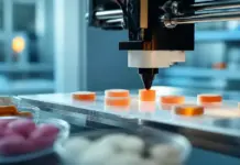 3D Printed Controlled-Release Dosage Forms Driving Drug Delivery Robotic arm places orange tablets on a conveyor belt in a pharmaceutical lab.
