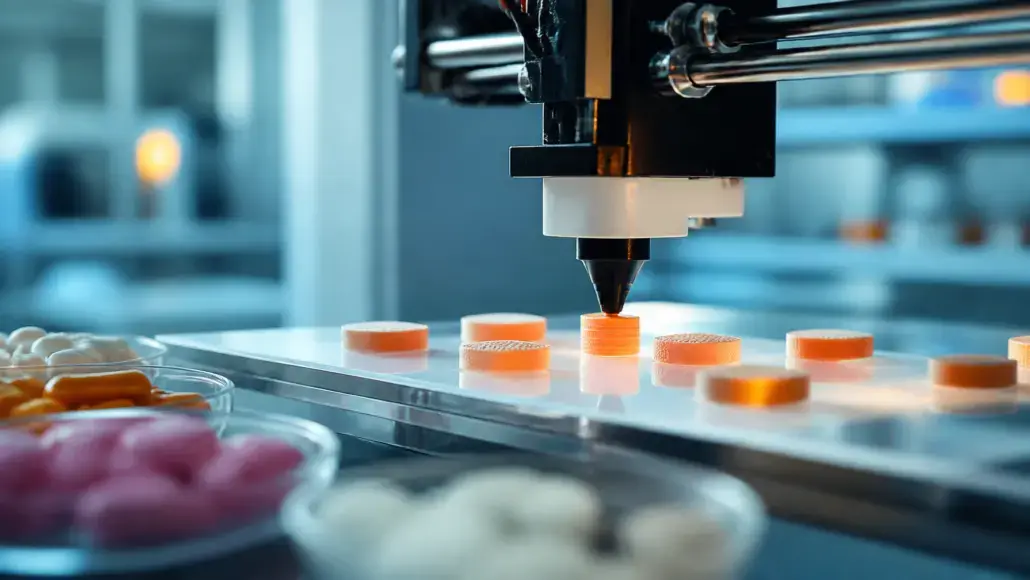 Robotic arm places orange tablets on a conveyor belt in a pharmaceutical lab.
