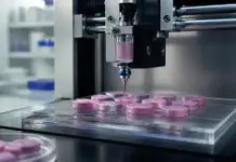 3D Printing in Personalized Medicine Transforming Pharma Robotic dispensing arm placing pink circular pills onto a clear tray in a laboratory setting, illustrating automated pharmaceutical manufacturing.