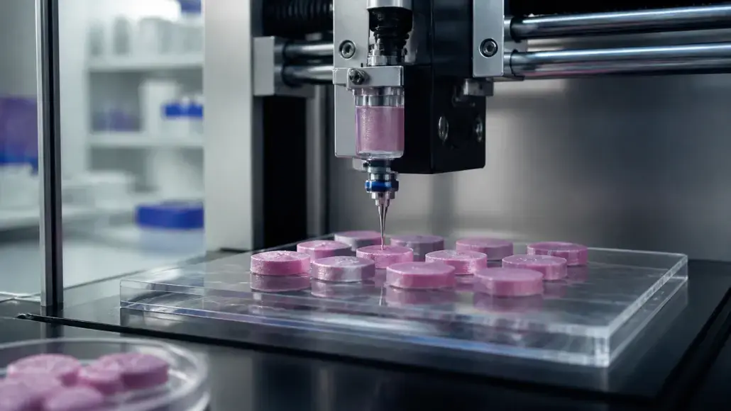 Robotic dispensing arm placing pink circular pills onto a clear tray in a laboratory setting, illustrating automated pharmaceutical manufacturing.
