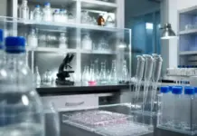 ADC Biosimilars Becoming Next Frontier in Complex Biologics Lab bench with four pipettes in a stand, blue-capped tubes, and glassware in a bright laboratory.