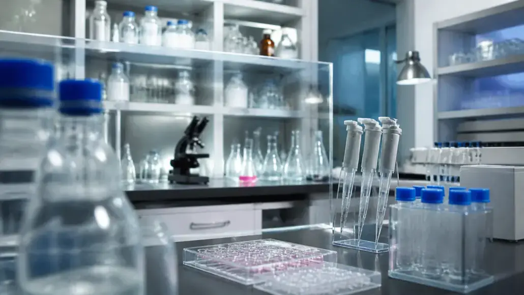 Lab bench with four pipettes in a stand, blue-capped tubes, and glassware in a bright laboratory.