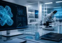 Novo Nordisk Selects AWS for AI Drug Discovery Solutions Laboratory workstation with a computer monitor showing a blue molecular structure, a microscope, and glassware on the bench.
