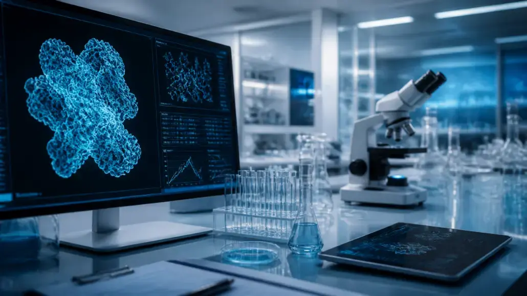 Laboratory workstation with a computer monitor showing a blue molecular structure, a microscope, and glassware on the bench.