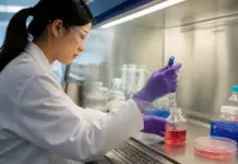 Lonza Launches Custom Cell Culture Media Prototyping Service Female scientist in safety goggles and a white lab coat pipetting red liquid into a glass bottle in a laboratory.