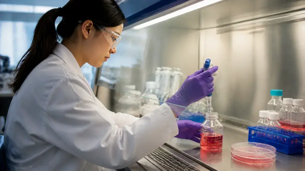 Female scientist in safety goggles and a white lab coat pipetting red liquid into a glass bottle in a laboratory.