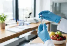 Next-Generation GLP-1 Drugs Beyond Semaglutide Success Scientist wearing blue gloves holds a small vial in a bright laboratory.