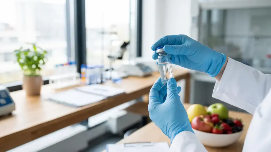 Scientist wearing blue gloves holds a small vial in a bright laboratory.