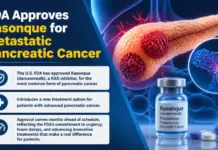 FDA Approves Rasonque for Metastatic Pancreatic Cancer Informational ad: FDA approves Rasonque (daraxonrasib) for metastatic pancreatic cancer, shown with a medicine bottle and pills on a blue background.