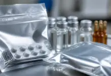 Advanced Barrier Films Providing Pharmaceutical Stability Sealed blister packs and foil pouches with white pills on a lab counter, with glass vials in the background.