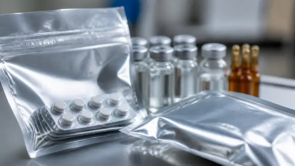 Sealed blister packs and foil pouches with white pills on a lab counter, with glass vials in the background.