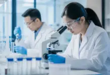 Roche Licenses Hanmi’s Obesity Candidate in USD 2.3B Deal Two scientists in a bright lab: one looks through a microscope while wearing safety goggles; the other uses a pipette in the background.