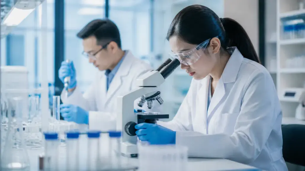 Two scientists in a bright lab: one looks through a microscope while wearing safety goggles; the other uses a pipette in the background.