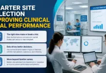 Smarter Site Selection Improving Clinical Trial Performance Banner about smarter site selection and improving clinical trial performance, with researchers at computer monitors in a lab-like room.