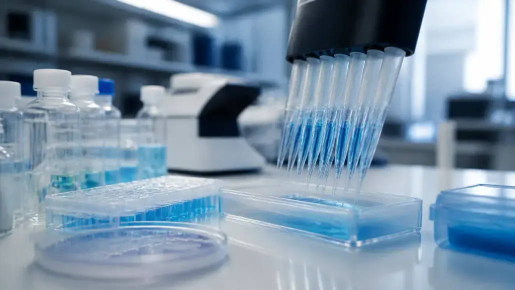 Lab bench with a multi-channel pipette dispensing blue liquid into a clear microplate